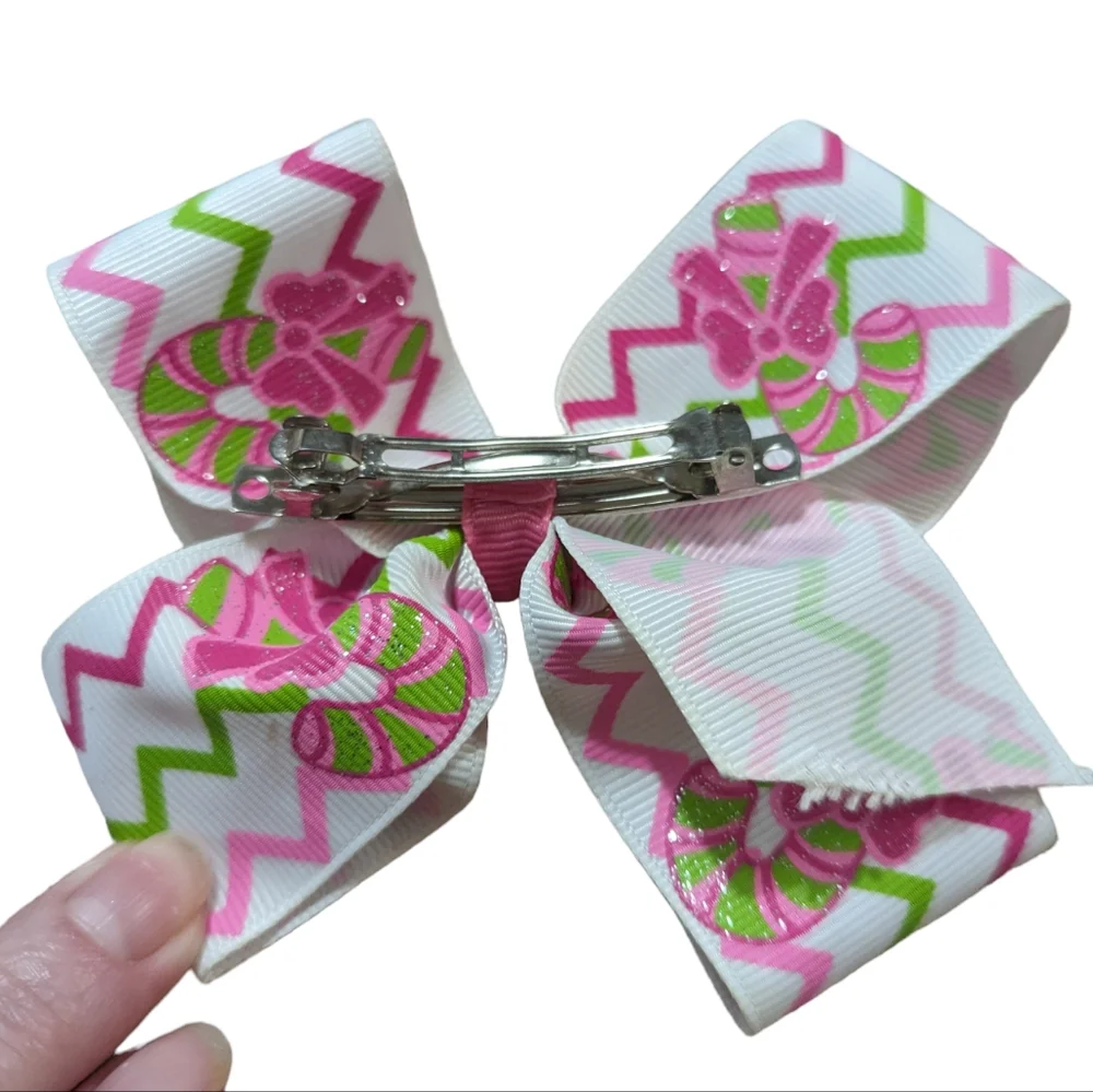 Pink and Green Candy Cane Hair Bow Clip